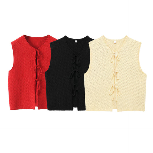 Bow Small V-neck Sleeveless Knitted Vest